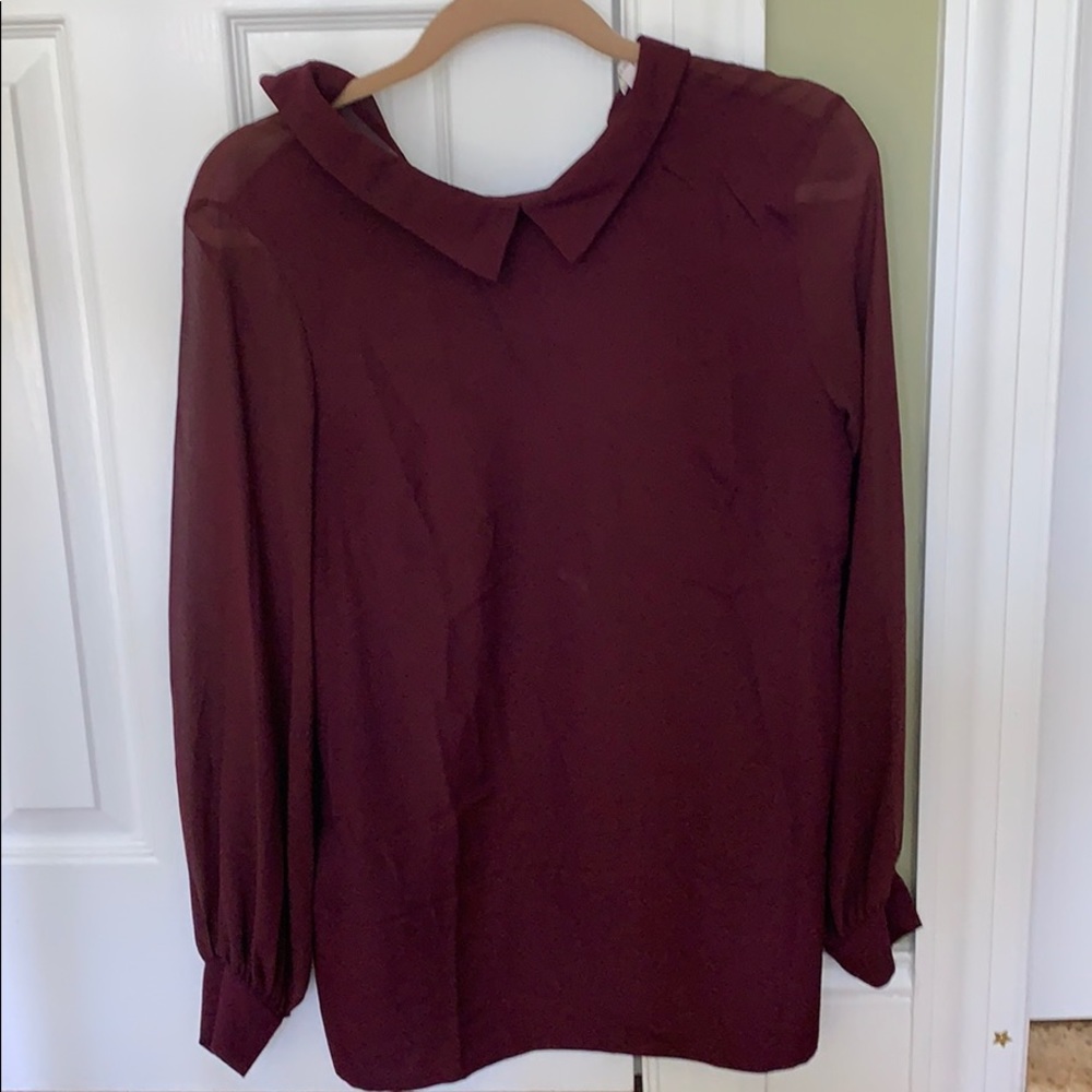 Burgundy Collar Neck Blouse Sheer Sleeves